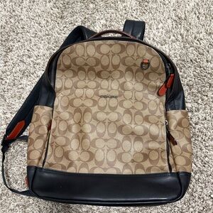 Coach Signature Canvas Backpack in Khaki and Black with Tan Accents